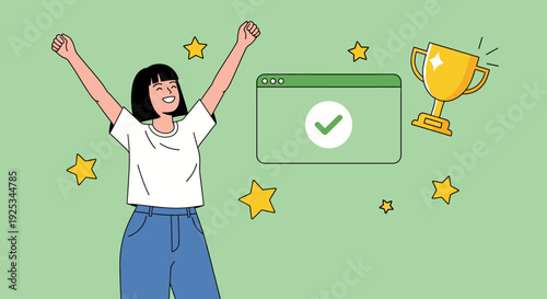Woman celebrating achievement with arms raised beside a browser window and trophy surrounded by stars