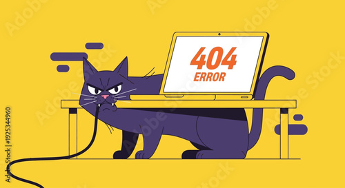 An illustration of a cat investigating a laptop displaying a 404 error message on a desk in a bright environment