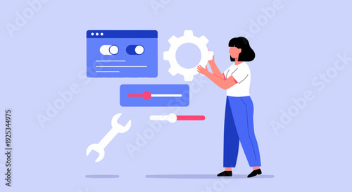 A woman customizes a web browser interface with various tools and settings options displayed