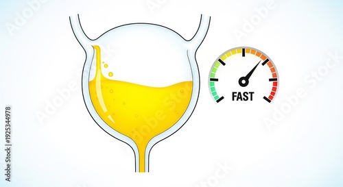 An illustration of a bladder with a speedometer indicating a fast urine flow rate