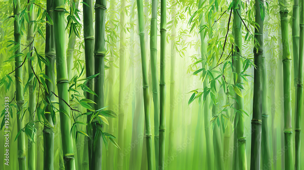 Fototapeta premium Dense Green Bamboo Forest with Soft Light