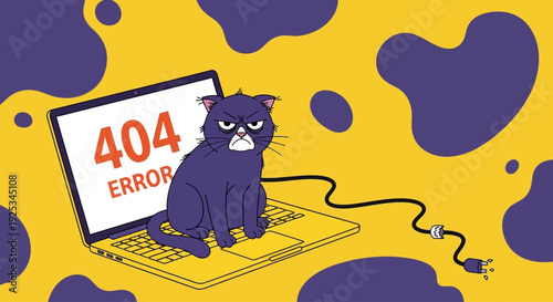 A frustrated cat sits on a laptop displaying a 404 error message amidst vibrant yellow and purple surroundings