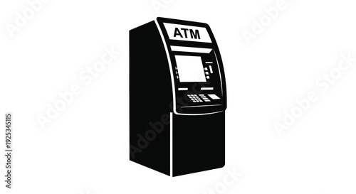 A stark black silhouette of an automated teller machine stands isolated on a pure white background silhouette