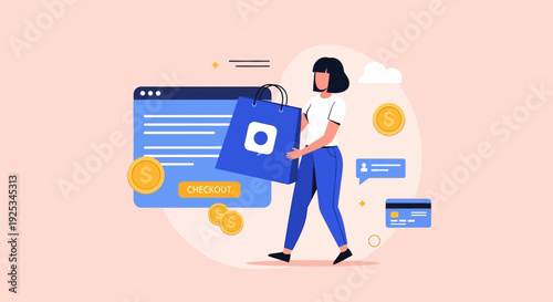 Woman holding a large blue browser window with online payment interface and floating elements around her