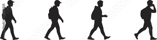 Traveler walking silhouette icons with backpacks and varied stride motion for lifestyle and animation theme - black vector illustration set