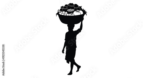 A person carrying a large basket on their head depicted in a striking black silhouette high quality professional