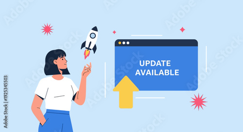 Woman launching a rocket near a computer window indicating update available