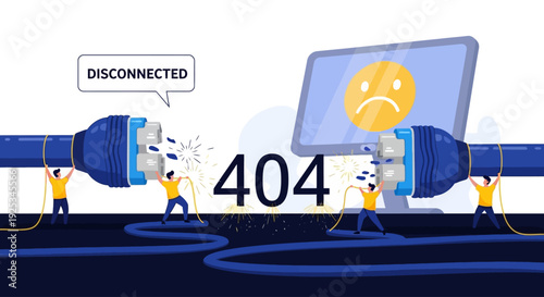 Disconnected plug and sad computer screen displaying 404 error, viewed from the front