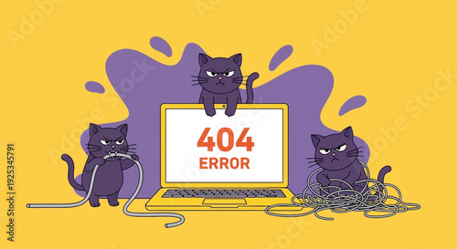 Mischievous cats causing a 404 error on a laptop screen surrounded by tangled wires and digital chaos