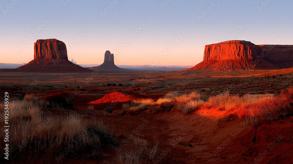 Naklejka premium Sunset Over Arid Landscape with Red Rock Formations