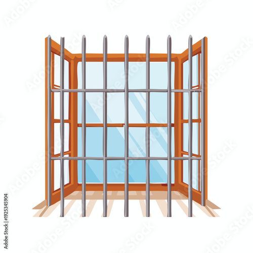 Cartoon window with metal bars and open frame