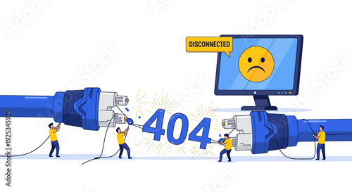 Workers repairing pipes connected to a computer screen displaying a 404 error message with a sad face, symbolizing digital disruption