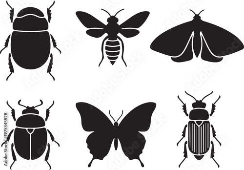 Six black silhouettes of insects on a white background