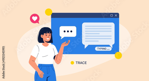 Woman interacting with a digital chat interface on a computer screen displaying conversation bubbles