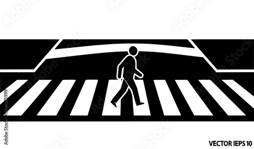 Street crossing vector icon with zebra stripes and pedestrian silhouette for transportation and city signage