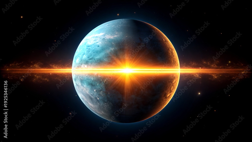 Fototapeta premium Exoplanet with Bright Orange Nebula and Starburst Effect in Deep Space, Cosmic Sci-Fi Concept Art