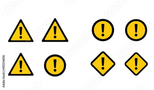 Danger and caution triangle vector icon set with exclamation mark symbols for safety and hazard illustrations