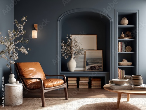 A living room with a tan leather chair and a vase on a table