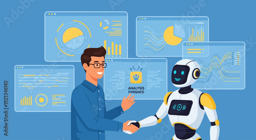 Man in blue shirt shaking hands with robot amidst futuristic interface screens and data visualizations