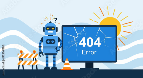 Robot standing beside a computer screen displaying a 404 error message in a landscape with workers and construction signs under a sunny sky