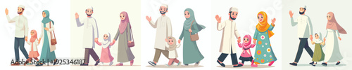 Muslim family vector walking happily waving hands side view
