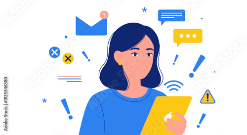 A young woman holding a tablet surrounded by communication symbols and notifications in a digital environment