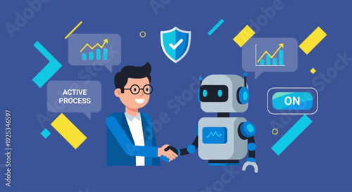 Man and robot collaborating with graphs and charts in a digital workspace environment from a straightforward viewpoint