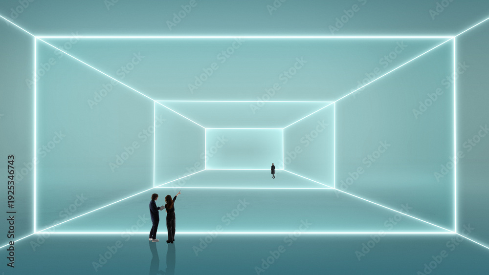 © Lustre Art Group  - Minimal composition professionals inside luminous virtual room interface. Concept of real estate launch, digital platform UI design, spatial computing and connected ecosystem.