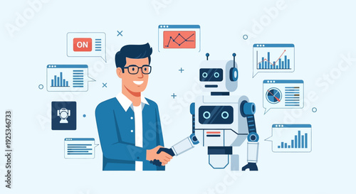 Man interacting with robot amidst various digital icons and graphs in a futuristic setting