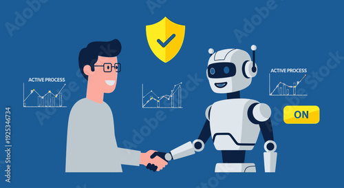 A man and a robot shaking hands with a shield and graphs in the background illustrating cooperation between humans and artificial intelligence
