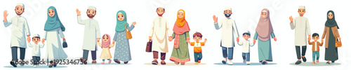 Muslim family vector walking happily waving hands front view