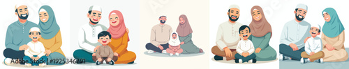 Muslim family vector sitting on the floor happily