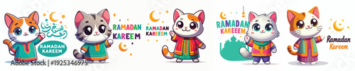 cute cat character vector saying ramadan kareem
