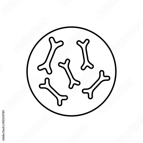 icon a bacterial colony with bone shaped microbial structures in a circle, isolated against a clean background.