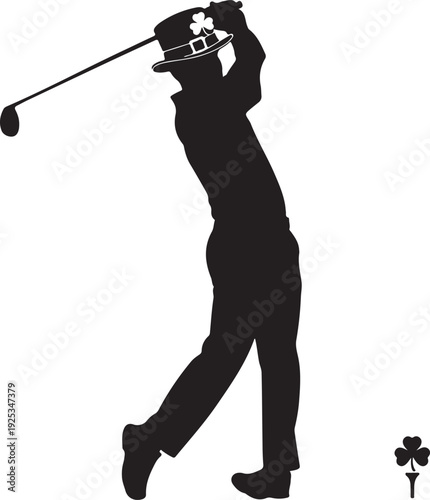 Silhouette of a Golfer Performing a Swing on St. Patrick's Day with Shamrock , Generative Ai