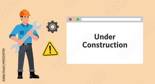 Construction worker standing confidently with tools amidst warning signs and web page under construction