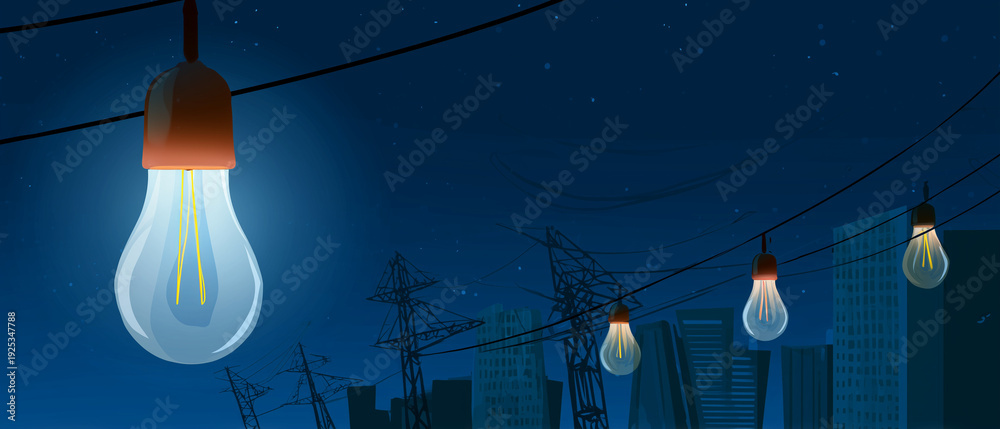 © rafaelnlins - Lâmpadas suspensas com uma unidade acesa simbolizam criatividade, inovação, inspiração, ideias, conhecimento, liderança, soluções e transformação em ambiente urbano.