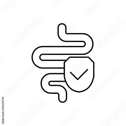 icon intestinal protection with a shield and checkmark symbol, isolated against a clean background.