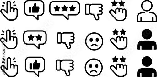 Black and white user feedback icon set, rating stars, thumbs up and down, speech bubbles, sad face, profile, digital interaction symbols