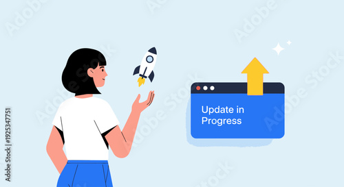 Woman launching rocket near update progress screen in digital environment from behind viewpoint