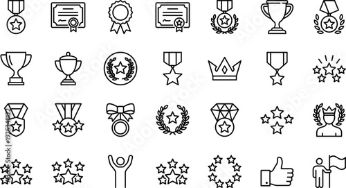 Award achievement outline vector icon set, trophy medal certificate symbols, success rating stars, winner celebration, minimal line ui pack