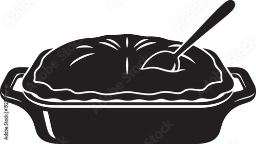Black silhouette of a rustic pie in a baking dish with a spoon, suggesting a comforting dessert or savory dish. , Generative Ai