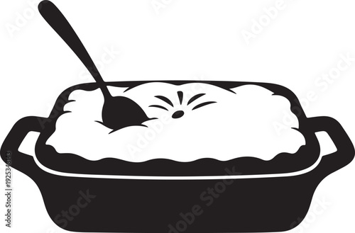 Icon of a freshly baked pie with a spoon, presented in a minimalist black and white style for culinary graphics. , Generative Ai