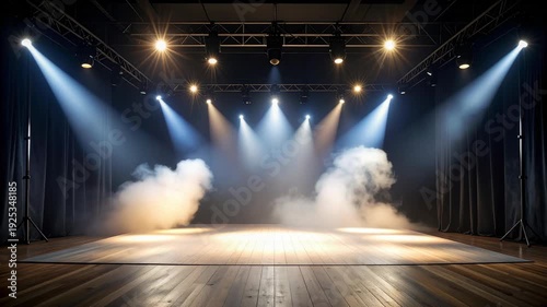 Empty stage with spotlights, smoke, and dark curtains ready for performance