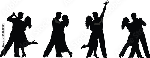 Four black silhouettes of couples dancing tango dance