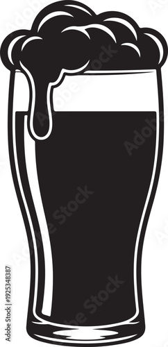 Dark beer in a pint glass with frothy head overflowing, a classic pub drink in a clean black and white silhouette. , Generative Ai