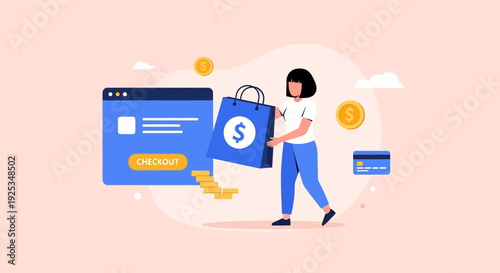 Woman holding shopping bag with dollar sign surrounded by online shopping icons and currency symbols in a digital marketplace