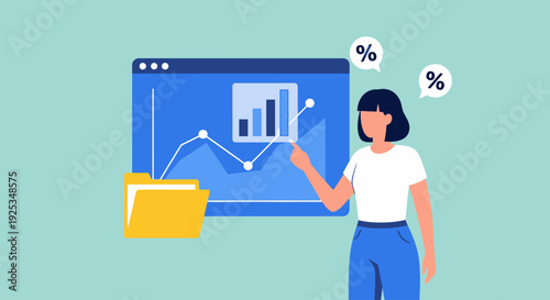 A woman analyzes data on a computer screen displaying graphs and charts with a thoughtful expression standing beside a file folder