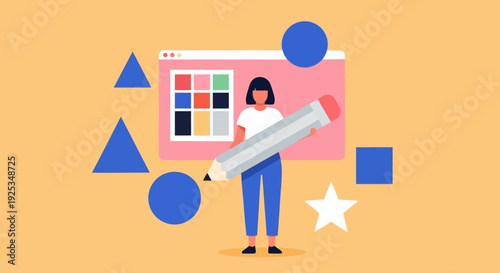 Woman designing webpage with large pencil surrounded by geometric shapes and color palette on orange background