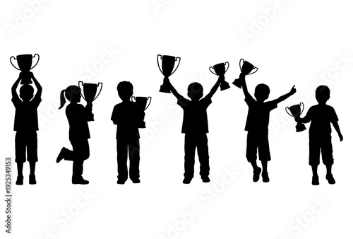 Set of happy children silhouettes holding winner trophy cups